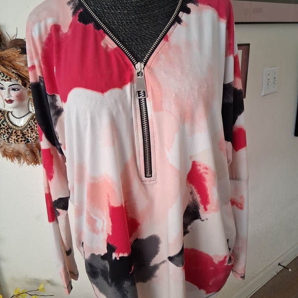 Alfani Tops - Alfani Red and Black Abstract Zip Blouse